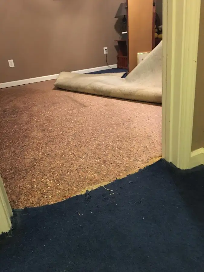 Carpet pad removal revealing water damage during Water Mitigation Services in Kennedale